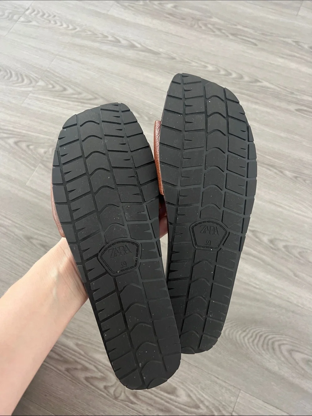 Zara Brown Leather-Strap Slide Sandals
